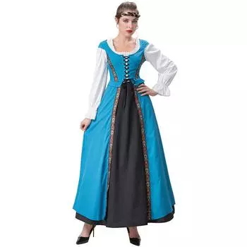 Средневековый квадратный модный комплект платья для женщин в темно-синих, красных и черных оттенках M/L