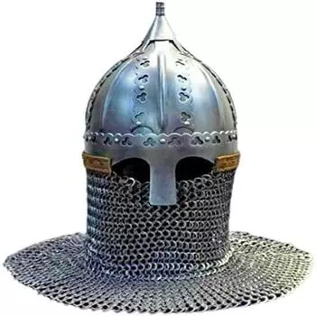 Средневековый норманнский викингский стальной шлем гнёздовского типа с кольчугой