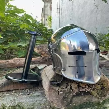 Средневековый шлем-барбют, носимый стальной рыцарский шлем с подкладкой, идеальный для ролевых игр, в комплект входит подставка, гифка на Хэллоуин серебряный