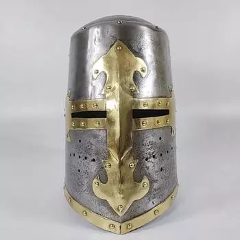 Средневековый шлем крестоносца, шлем тамплиера, шлем рыцаря-тамплиера, латунный крест, средневековые доспехи, серебряная отделка, шлем для косплея