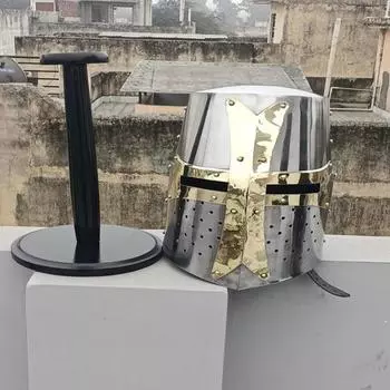 Средневековый шлем рыцаря-тамплиера с латунным крестом масона, серебряная отделка, бесплатная деревянная подставка для косплея