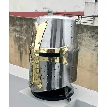 Средневековый шлем рыцаря-тамплиера с латунным крестом масона - серебряная отделка, косплей-доспехи