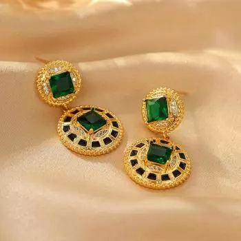 Средневековый стиль, ретро, круглые серьги, инкрустированные цирконом, зеленые, геометрические, модные, серебряные, игольчатые, серьги