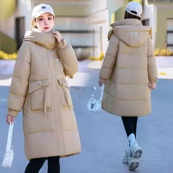 Средние и длинные хлопковые утепленные куртки для женщин. Новая корейская версия утепленных курток до колен, утолщенные простые куртки на зиму M розовый