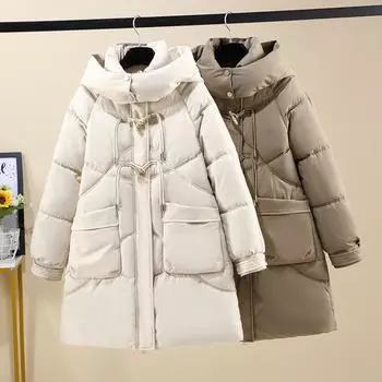 Средние и длинные хлопковые утепленные женские куртки 2024 года, новые повседневные модные пуховые хлопковые куртки с капюшоном, свободные и утолщенные, теплые M бежевый