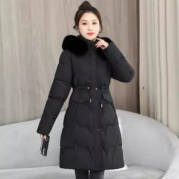 Средние и длинные облегающие модели одежды с меховым воротником на хлопковой подкладке, новые тонкие и теплые модели одежды на хлопковой подкладке, а также облегающие пальто в зарубежном стиле. L чёрный