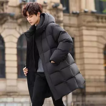 Средние и длинные пуховики мужские новые утолщенные устойчивые к холоду куртки для мальчиков с капюшоном из белого утиного пуха для сохранения тепла M чёрный
