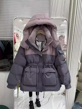 Средние и длинные пуховики, женские новые сращивания контрастных цветов, талия, мелкий белый утиный пух, зимнее утепленное пальто S (80-60kg wearable)
