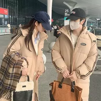 Средние и длинные пуховые изделия, зимняя новая свободная корейская версия, утолщенная куртка-шляпа, куртка выше колена M хаки