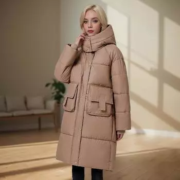 Средние и длинные стеганые изделия на хлопковой подкладке для женщин, зимняя одежда с большими карманами, куртки на хлопковой подкладке, утолщенные пуховые куртки на хлопковой подкладке. M [Recommended below 62.5 kg] чёрный