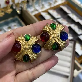 Средние и легкие роскошные серьги-гвоздики с контрастным цветным покрытием, серебряные игольчатые ретро-геометрические круглые крестообразные вогнутые выпуклые серьги