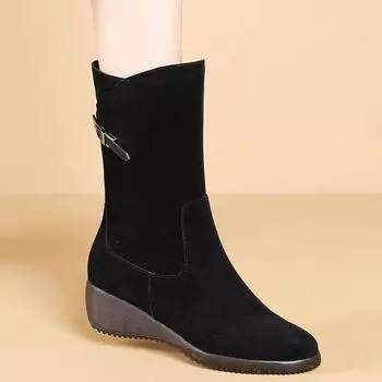 Средние сапоги Осенние и зимние меховые сапоги Удобные мягкие женские сапоги на танкетке 34 чёрный