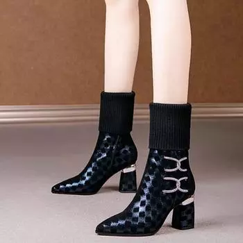Средние сапоги женские осенне-зимние модные сапоги в тон, женские остроносые сапоги на толстом каблуке, но до колена шерстяные сапоги на высоком каблуке 34 синий