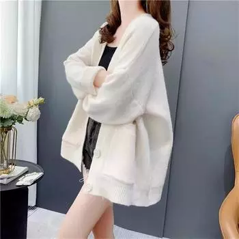 Средний и большой размер, легкий вязаный кардиган для женщин, осень и зима, новый свободный корейский вариант, ленивый ветер, однотонный свитер, куртка One size розовый