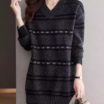 Средний и длинный большой свитер женский осенне-зимний новый ленивый стиль с утолщенным вязаным свитером свободный верх M