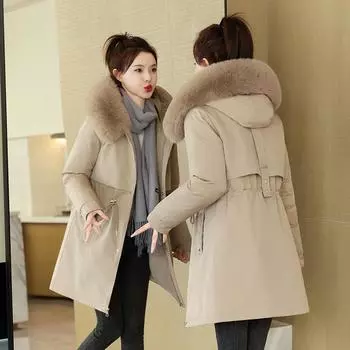 Средний и длинный пирог преодолевает женские зимние новые хлопковые пуховые одежды 2024 года, утолщенные и пуховые куртки большого размера M бежевый