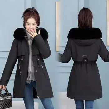 Средний и длинный пирог преодолевает женскую зимнюю новую универсальную теплую хлопковую одежду 2025 года, модные иностранные и тонкие хлопковые куртки M чёрный