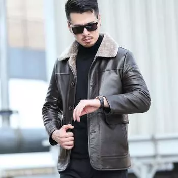 Средний и длинный пуховик, мужская куртка, повседневная утолщенная мужская кожаная куртка, кожаный тренчкот с лацканами M
