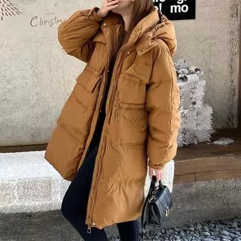 Средний и длинный пуховик женский на утином пуху зима 2024 новый корейский вариант женский пуховик высокого класса женский HD S (recommended 100-62.5kg) чёрный