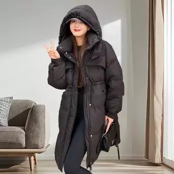 Средний и длинный пуховик женский на утином пуху зима 2024 новый корейский вариант женский пуховик высокого класса для женщин S (recommended 100-62.5kg) чёрный