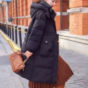 Средний и длинный пуховик женский утиный пух зима 2024 новый женский пуховик модный высококачественный женский S (recommended 100-62.5kg) чёрный
