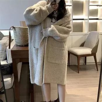 Средний и длинный вязаный кардиган 2024 осень и зима мягкий восковой ленивый ветер капюшон большой карман длинный рукав повседневное пальто свитер женский One Size абрикосовый