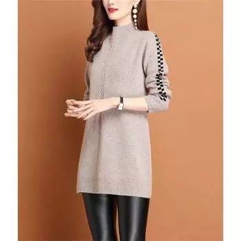 Средний и длинный вязаный свитер женский осень и зима 2024 новый пуловер ленивый ветер полуводолазка с длинными рукавами свитер женская нижняя рубашка One size абрикосовый