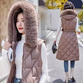 Средний и длинный жилет с хлопковой подкладкой, женский пушистый жилет с резинкой на талии, куртка, модный универсальный жилет на осень и зиму L