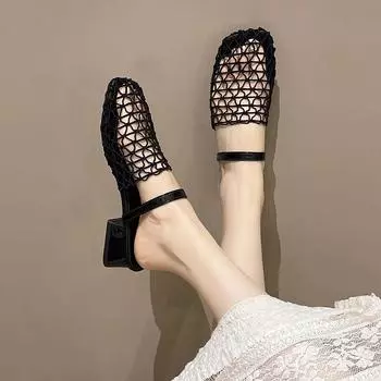 Средний каблук Baotou Mesh Fabric 2024 Новые туфли для женщин Современные тапочки Летние уличные модные женские тапочки с резиновой подошвой 35