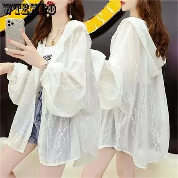 Средняя длина солнцезащитная одежда для женщин летняя кружевная однотонная куртка с длинными рукавами солнцезащитная одежда белая свободная куртка с капюшоном M белый