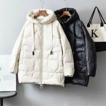 Средняя длинная зимняя женская куртка с вышивкой на белом утином пуху, пуховые пальто с капюшоном, теплые толстые OneSize чёрный