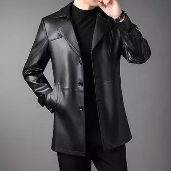 Средняя и длинная бархатная кожаная куртка мужская осень и зима новый модный тренд корейская версия однобортный пиджак с воротником для костюма кожаная куртка среднего возраста 170 чёрный