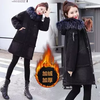 Средняя и длинная джинсовая куртка женская бархатная утолщенная корейская версия зимняя новая свободная теплая большая меховая воротниковая одежда с хлопковой подкладкой модная S 50 kg