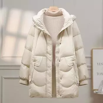Средняя и длинная куртка-пуховик женская 2024 новая корейская версия белая утиная пуховая толстая свободная куртка маленькая хлебная M
