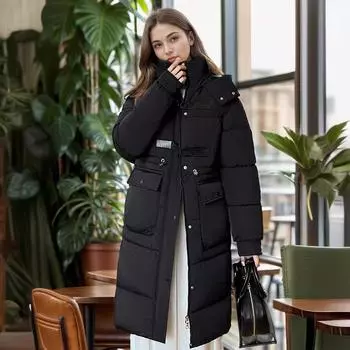 Средняя и длинная куртка со свободной талией и тонкая женская утолщенная куртка с капюшоном и пряжкой из рога на хлопковой подкладке M