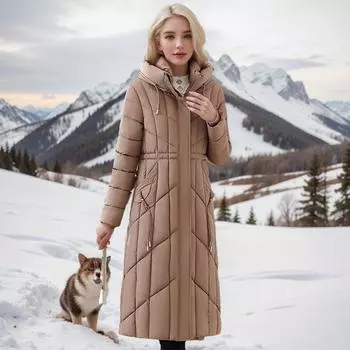 Средняя куртка-пуховик для мамы, зимняя куртка-пуховик, женская модная куртка до колена, тонкая и узкая L [Recommended below 52.5kg] хаки