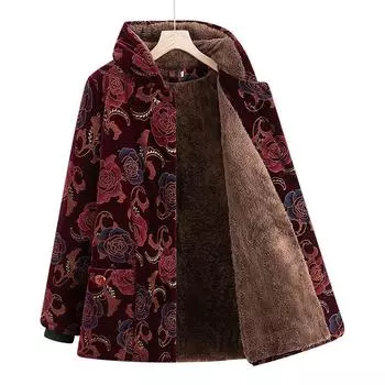 Средняя женская бархатная утолщенная бабушкина средняя и длинная куртка с хлопковой подкладкой для мамы зимняя куртка с капюшоном для свекрови одежда с хлопковой подкладкой XL (recommended 80-52.5 kg) бордовый