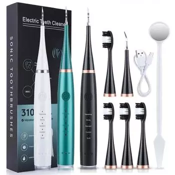 Средство для удаления зубного камня, скалер, очиститель зубов, электрический очиститель для удаления зубного налета и пятен, отбеливание зубов, 3 головки, гигиена полости рта зелёный