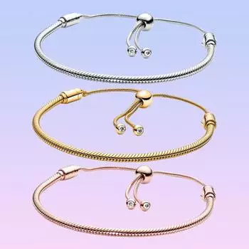 SS925 Серебряные моменты, круглая застежка из бисера, браслет-слайдер на цепочке в виде змеи, подходит для оригинальных очаровательных бусин, для женщин, подарки