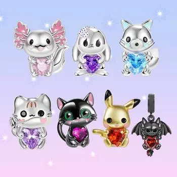 SS925 животное котенок кролик держит форму сердца алмаз многоцветный кулон бусины для женщин DIY изготовление браслетов милый
