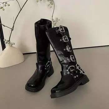 [SSBL] Long boots retro thick-soled buckle Martin boots women s brown high boots cowboy boots women s boots 35