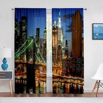 США Пейзаж мост и здания Ночной вид Тюль Шторы для гостиной Спальня Кухня Окно Шифоновые прозрачные шторы Жалюзи 1 PCS W100XH250cm&Rod Pocket