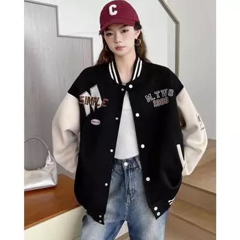 Сшитая контрастного цвета с тяжелой вышивкой бейсбольная форма для женщин слегка полноватая плотная свободная повседневная однобортная куртка для женщин one size fits all чёрный