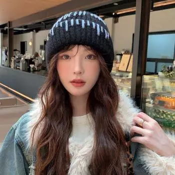 Сшитая вручную шерстяная шапка, женская осенне-зимняя утолщенная теплая вязаная шапка, большая окружность головы показывает маленькое лицо M56-58cm