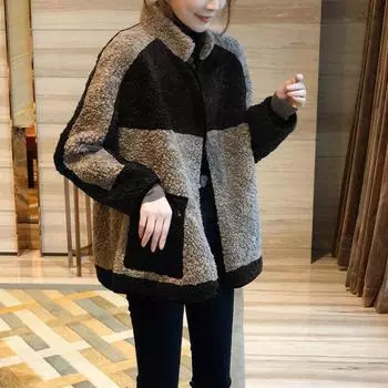 Сшитое пальто из овечьего меха, утолщенное, повседневное, осень-зима, для женщин XXXL кофейный