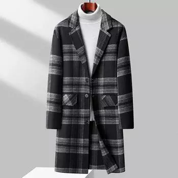 Сшитое вручную шерстяное пальто в клетку с двух сторон для молодежи, мужское, осенне-зимнее, с приспущенными плечами и длиной до колена. M