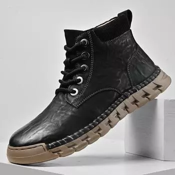 Сшитые вручную кожаные мужские ботинки Повседневная кожаная обувь Мужские ботильоны Осенне-зимние ботинки 38 коричневый