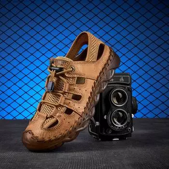 Сшитые вручную кожаные мужские сандалии с вырезами, летняя обувь, модные повседневные пляжные туфли на плоской подошве, быстросохнущие, дышащие, забродные туфли 38 чёрный