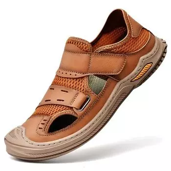 Сшитые вручную летние мужские сандалии Дышащие уличные мужские пляжные сандалии 38 коричневый