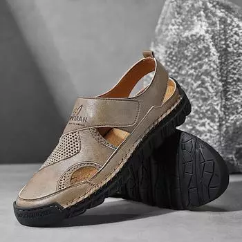 Сшитые вручную летние туфли на плоской подошве для мужчин, новое поступление, мужские кожаные сандалии для взрослых, пляжная обувь с толстой подошвой, нескользящие сандалии с защитой от столкновений 6.5 чёрный